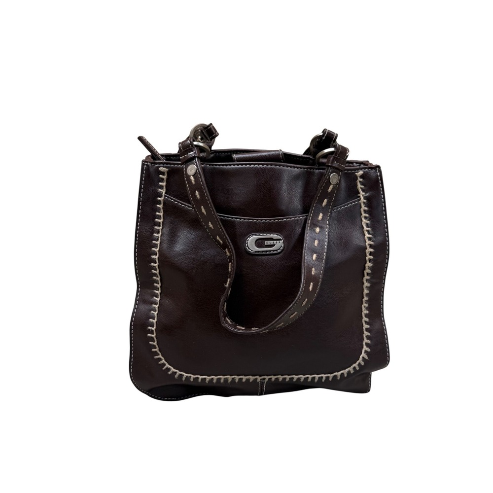 Guess G Logo Dark Brown Whipstitch Faux Leather Shoulder Bag Tote Silver
